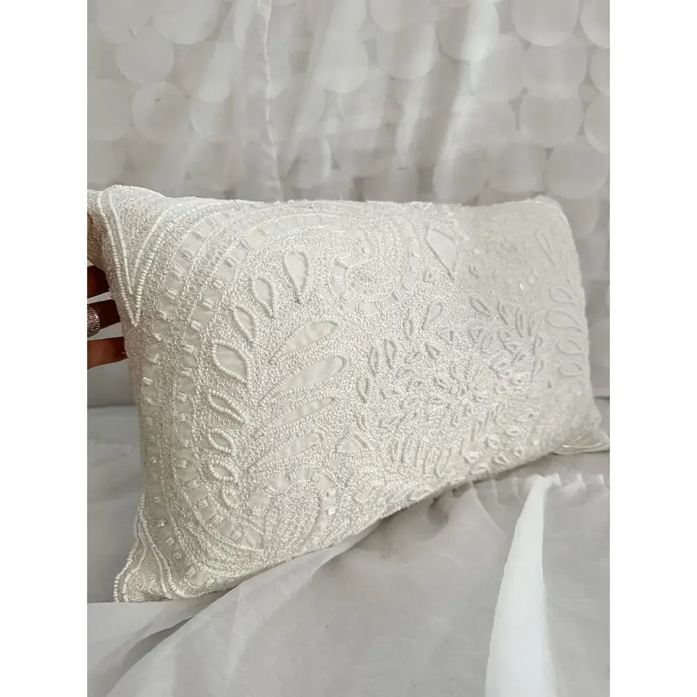 VTG Pier One White Accent Pillow Embroidered Beaded Flowers Rectangular Lumbar